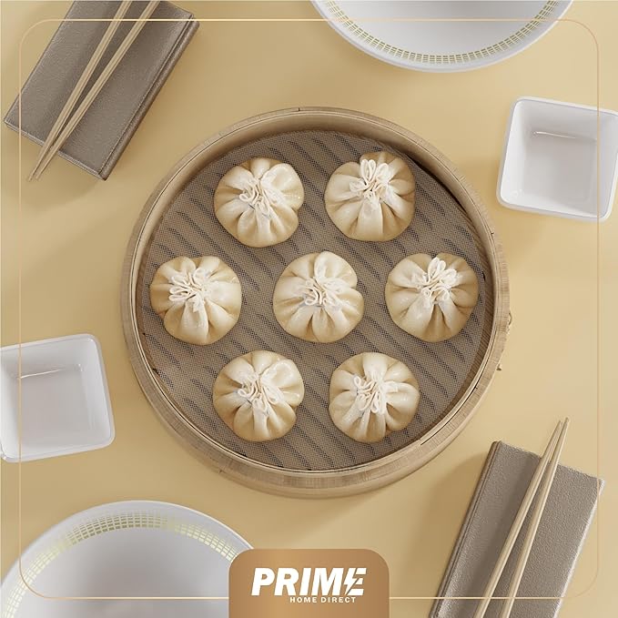 Prime Home Direct Bamboo Steamer Basket 12-Inch | 2-Tier Steamer for Cooking | 50 Liners, Chopsticks, Sauce Dish | Steaming Asian Food, Bao Buns, Chinese, Dim Sum, Dumpling, Rice, Vegetable Steam Pot