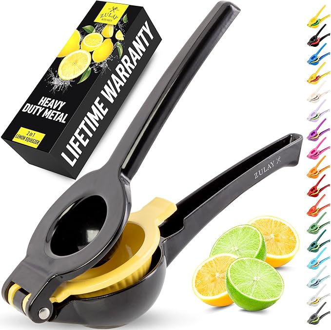 Zulay Kitchen Metal 2-in-1 Lemon Squeezer - Sturdy Max Extraction Hand Juicer Lemon Squeezer Gets Every Last Drop - Easy to Clean Manual Citrus Juicer - Easy-Use Lemon Juicer Squeezer - Black/Yellow