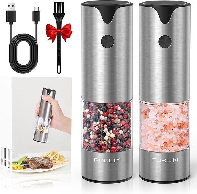 FORLIM Electric Salt and Pepper Grinder Set, USB Rechargeable, Automatic Salt Pepper Mill Grinder with Dust Cover, One-Button Control, Adjustable Coarseness, Warm LED Light (2 Packs, Stainless Steel)
