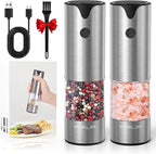 FORLIM Electric Salt and Pepper Grinder Set, USB Rechargeable, Automatic Salt Pepper Mill Grinder with Dust Cover, One-Button Control, Adjustable Coarseness, Warm LED Light (2 Packs, Stainless Steel)