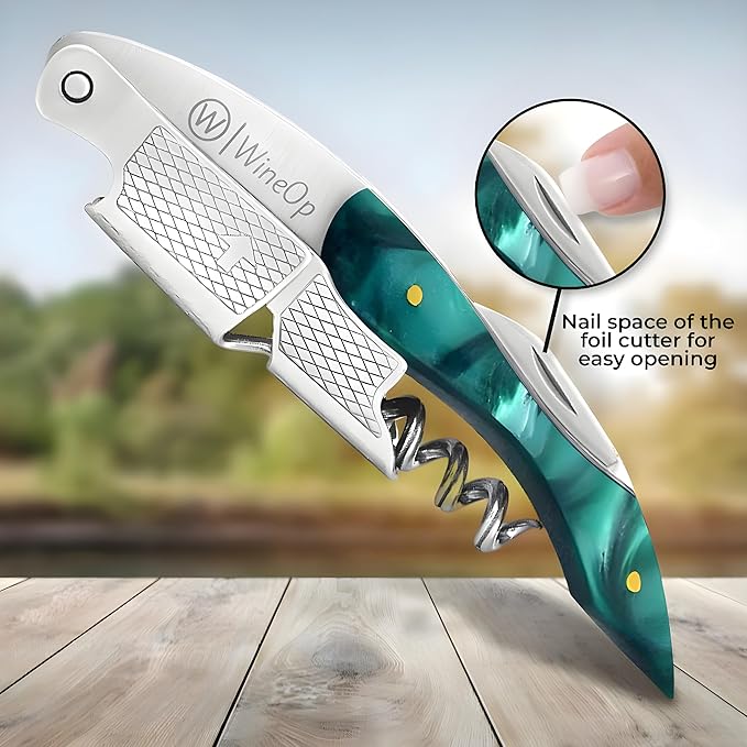 WineOp Professional Wine Opener - Luxury Double Hinged Waiter's Corkscrew Wine Bottle Key - Cork screwer for Servers, Bartenders, Sommelier and Home Use | All-In-One Stainless Steel - Green Resin