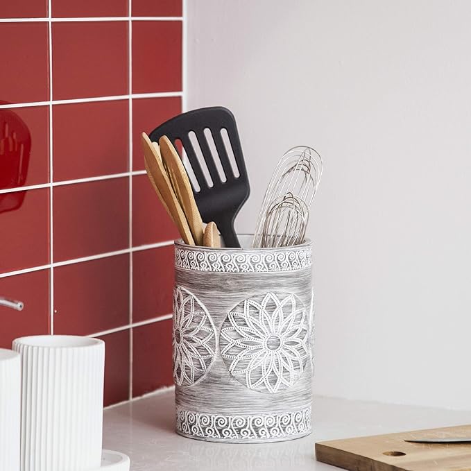 BINO Kitchen Utensil Holder for Countertop, Grey Sunflower - Utensil Caddy countertop utensil holder Utensil Crocks for kitchen Cooking Utensil Holder Kitchen Utensils Holder Spatula Holder