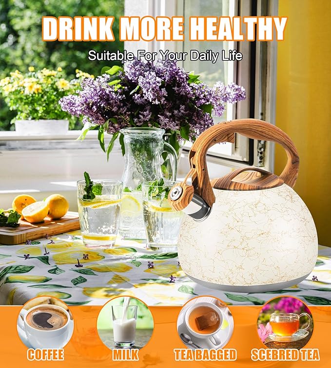 3.2 Quart Whistling Tea Kettle Stovetop, Stainless Steel Tea pot with Wood Grain Handle, Loud Whistle Kettle for Boiling Water, Coffee & Milk, Easy-Pour Spout Classic Design (Off-white)