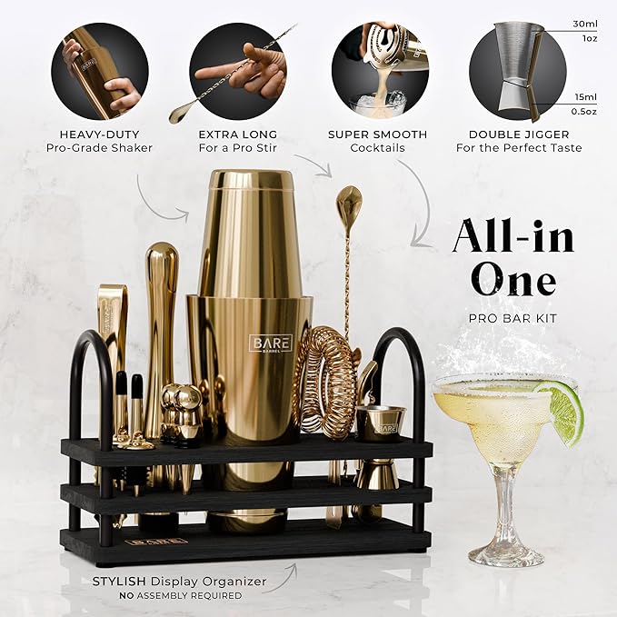 BARE BARREL® Mixology Bartender Kit Bar Set | 14-Piece Cocktail Shaker Set | Martini Barware Mixing Tools for Home Bartending | 35 Recipe Cards | Gift Set (28oz Boston Shaker, Gold/Black)