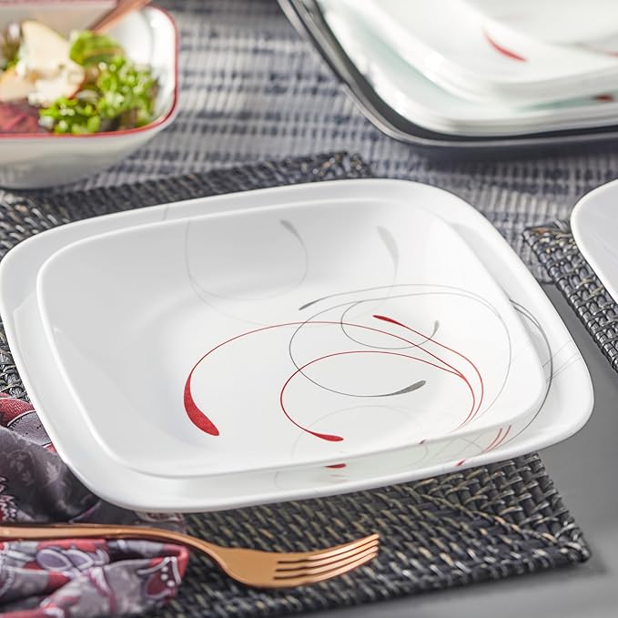 Corelle Vitrelle 18-Piece Service for 6 Dinnerware Set Triple Layer Glass and Chip Resistant, Lightweight Square Plates and Bowls Set, Splendor
