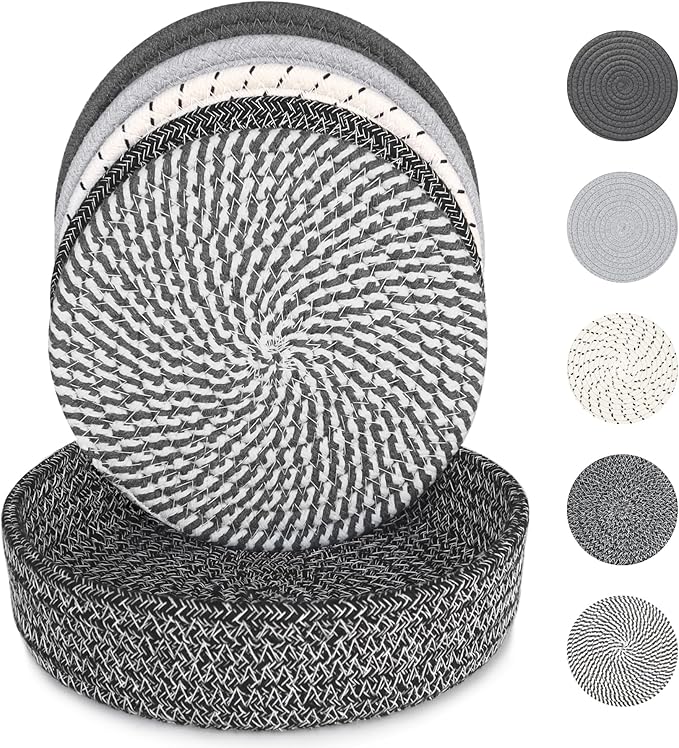 8 Inch Trivets for Hot Dishes, Hot Pots and Pans, Thick Heat Resistant Large Coaster for Kitchen, Hot Pads, Kitchen Essentials, Kitchen Decor for Table & Countertop with Storage Basket, 5 Pcs