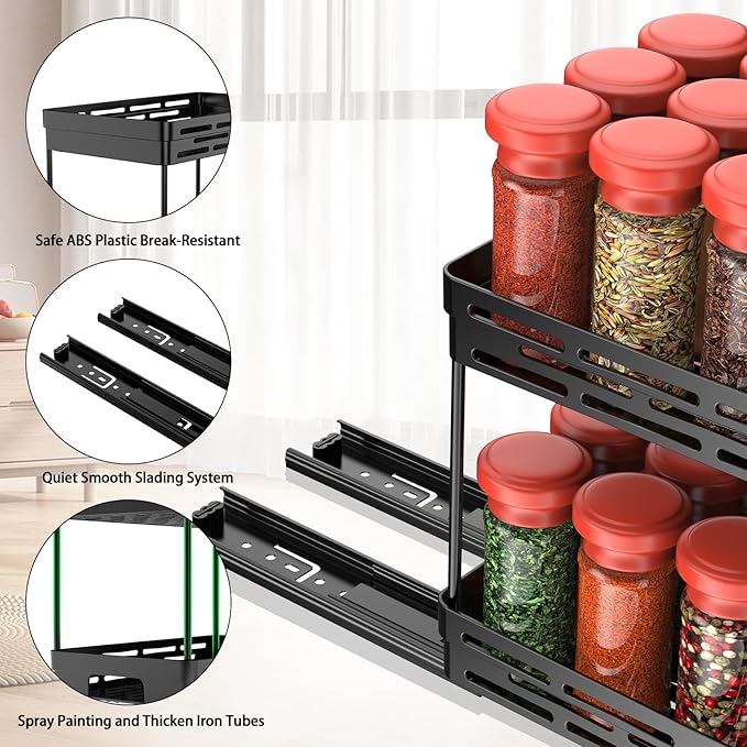 Pull Out Spice Rack Organizer for Cabinet, 2 Pack Widen Slide Out Spice Racks Organizer, Spice Cabinet Organizers, Cabinet Size Need:12'' Highx11'' Deepx6.75'' Wide,Hold 15 Spice Jar Each Tier-2Tier