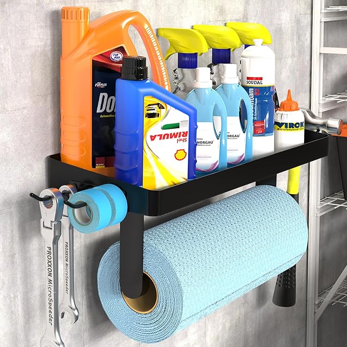 ZUNTO Garage Paper Towel Holder with Shelf, Black Stainless Steel Paper Towel Rack with Hooks, Wall Mount Paper Towel Holder for Kitchen, Garage Organization and Storage
