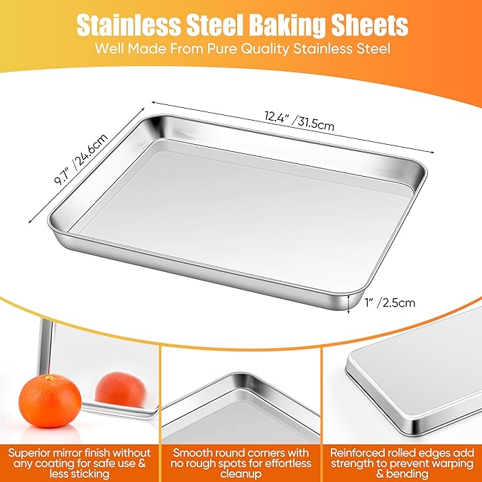 Homikit 2 Pack Baking Sheet, 9 x 13 Inches Stainless Steel Quarter Sheet Pan Set for Baking Cooking Toasting, Metal Cookie Tray Fits Toaster Oven, Non Stick & Rust Free, Dishwasher Safe