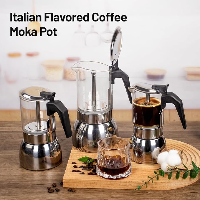 4 Cup Glass Clear Moka Pot Thickened 304 Stainless Steel Stovetop Espresso Maker Italian Coffee Machine 200ml 6.8oz Classic Mocha Cafe Greca Coffee Suitable for Gas Induction