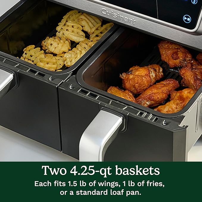 Cuisinart Dual Basket Air Fryer, 2-4.25 QT Baskets, Total 8.5 QT, 4 Functions Air Fry, Roast, Bake and Keep Warm, Features Sync Finish and Sync Settings, Toss Reminder, Auto Warm Mode and Auto-Pause