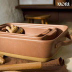 Mora Ceramic Set of 2 Baking Dishes For Casserole, Banana Bread, Brownies, Broiling, Roasting, and Baking. 7x11 in and Loaf Pans - Porcelain Serving Bakeware from Oven to Table. Freezer Safe - Terracotta