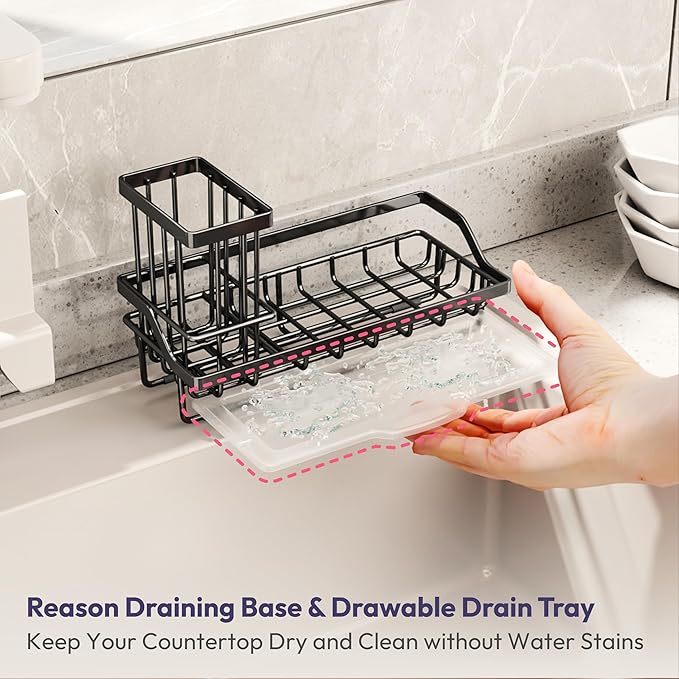 SWTYMIKI Sink Caddy Sponge Holder - Kitchen Sink Organizer with High Brush Holder for Countertop to Hold Dish Soaps and Sponges, Stainless Steel, Black