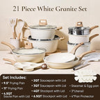 CAROTE 21Pcs Pots and Pans Set, Nonstick Cookware Sets, White Granite Induction Cookware Non Stick Cooking Set w/Frying Pans & Saucepans(PFOS, PFOA Free)
