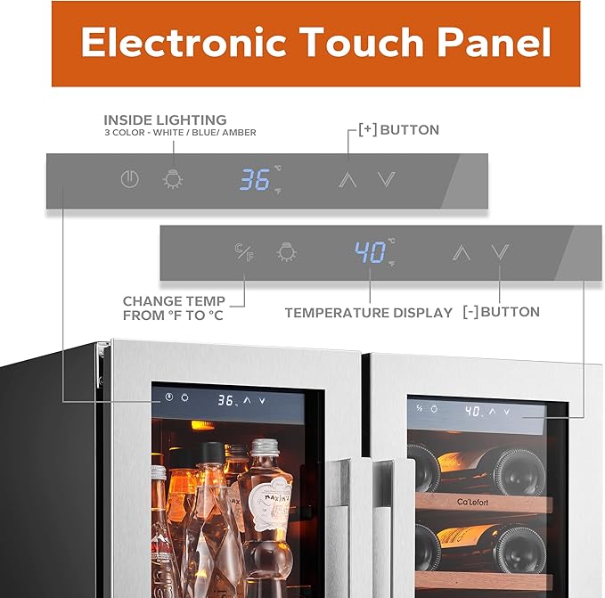 Ca'Lefort 24 Inch Wine and Beverage Refrigerator, 60 Can and 20 Bottle Wine Fridge 36-72°F, 3 LED Dual Zone Wine Cooler with Glass Door, Built-in Compressor Refrigerator for Home/Kitchen (4.10 cu.ft)