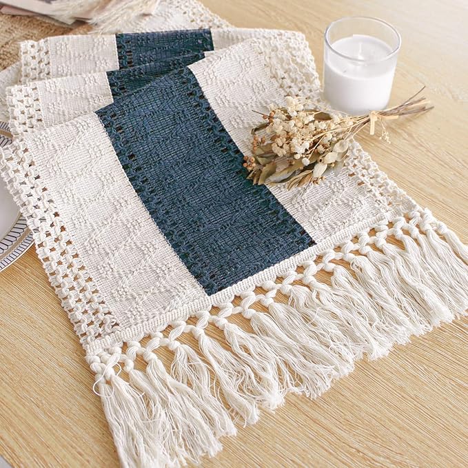 FEXIA Boho Blue Table Runner 72 Inches Long with Tassels Macrame Farmhouse Style Party Rustic Wedding Baby Bridal Shower Dining Decor (12x72 Inches)