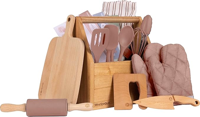 WeeSprout Little Chef Kids Cooking & Baking Set, 14 Piece Cooking Set with Real Kitchen Tools & Kids Apron, Baking Gift for Girls, Boys & Junior Chefs, Food Grade Materials, Choice of Colors