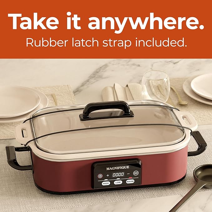 Magnifique 4 Quart Casserole Digital Slow Cooker, Premium Ceramic Bakeware for Oven, Dishwasher Safe Baking Dish, Red