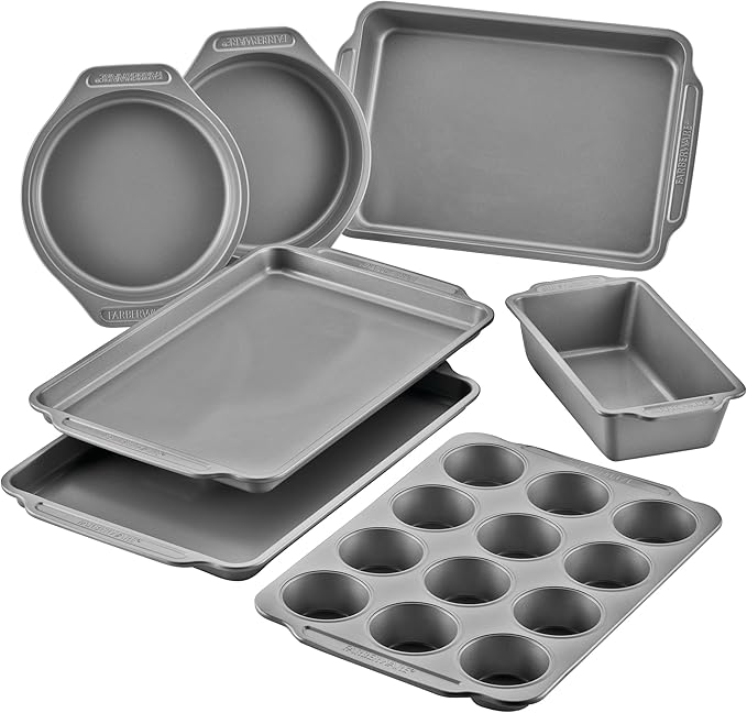 Farberware Bakeware Nonstick Baking Pans with Baking Sheets, Cake Pans, Meatloaf/Bread Pan, and Muffin Pan, 7 Piece Bakeware Set - Gray