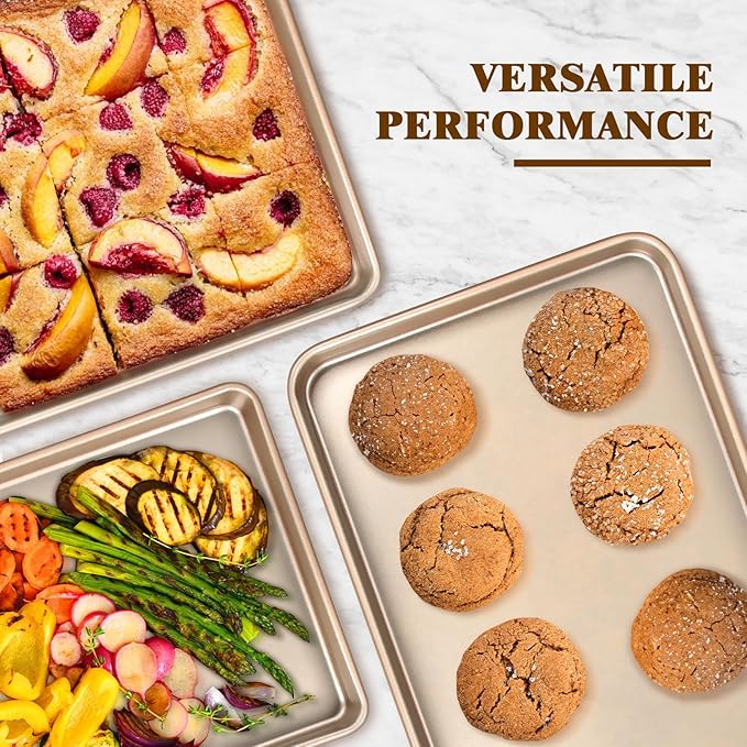 Baking Sheet Pan Set of 2, Commercial Cookie Sheets for Baking, Nonstick Carbon Steel Baking Tray Quarter Sheet Jelly Roll Pan, 9x13in, 10x15in, Heavy Duty & Easy Clean