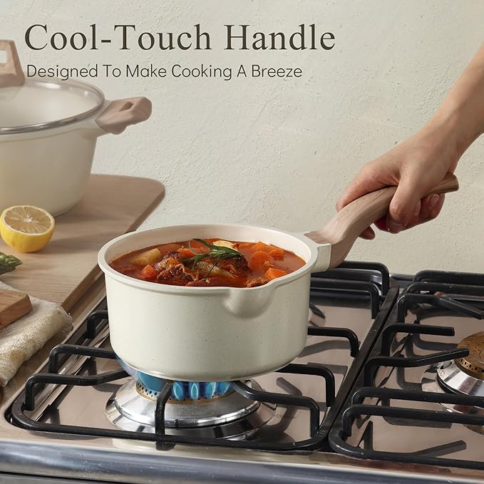CAROTE 1.5Qt & 3.0Qt Sauce Pan Sets with Lid Cooking Pots Nonstick Saucepans Cookware Set with Pour Spout Small Kitchen Pot, Induction Comptable, Easy to Clean, PFOA FREE (White Granite)