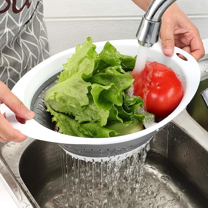 Collapsible Colander Set, Square Round Triangles Silicone Kitchen Strainer Perfect for Draining Pasta Vegetable fruit 2 PCS (Gray&Blue, 12"L x 9.5"W x 2.3"H)