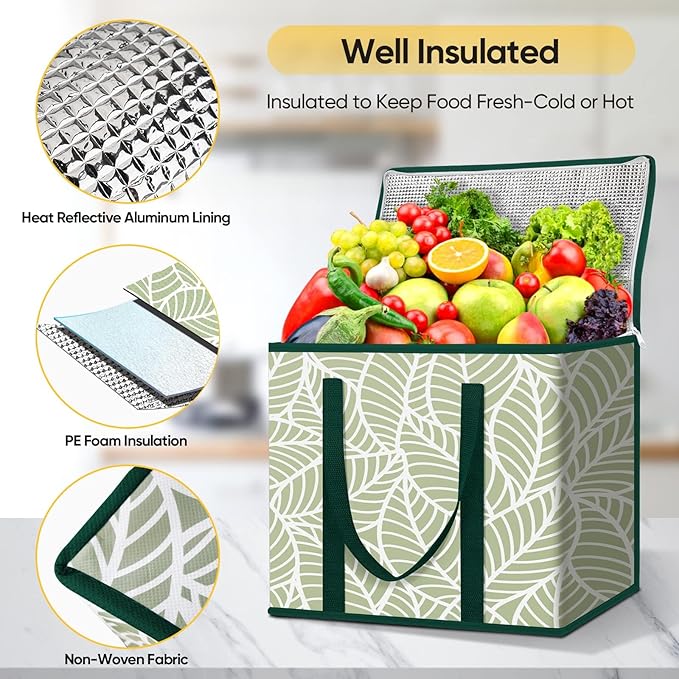 BALEINE 2Pk Insulated Reusable Grocery Bags, Collapsible Cooler Bag for Groceries, Heavy Duty Large Insulated Bag (16''x9''x13'', Antique Foliage)