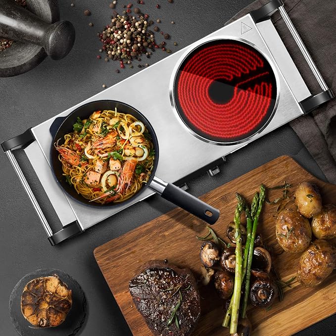 Techwood Electric Stove, Double Infrared Ceramic Hot Plates for Cooking, Two Control Cooktop Burner, Portable Anti-scald handles Suitable for Office/Home/Camp Use, 1800W Compatible for All Cookwares