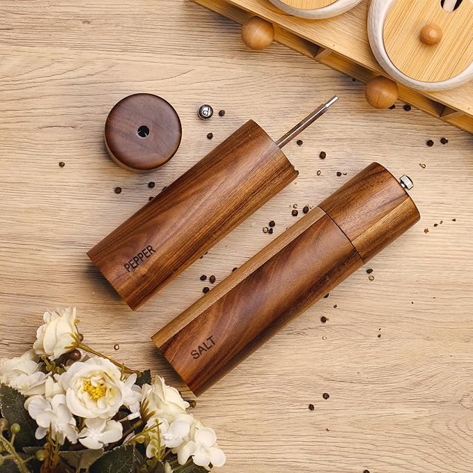 2 Pack Acacia Wooden Salt and Pepper Grinder Set 8 Inches Refillable Salt and Pepper Mills Adjustable Coarseness, Acacia Wood with Ceramic Core Peppercorn Shaker Tableware Birthday Gifts