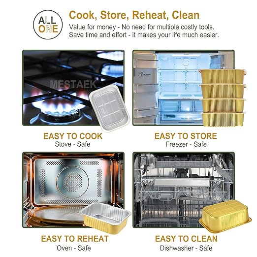 11" x 7.7" Heavy-Duty Aluminum Foil Pans with Snap-On Lids, 112oz, 5 Pack – Extra-Thick Disposable Foil Containers for Oven, Baking, Freezer & Food Storage