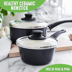 GreenLife Soft Grip 1QT and 2QT Saucepan Set, Healthy Ceramic Nonstick, Non Toxic PFAS-Free, Dishwasher Safe, Glass Lids, Stay-Cool Handles, Easy Clean Cookware, Kitchen Essentials, Black & Cream