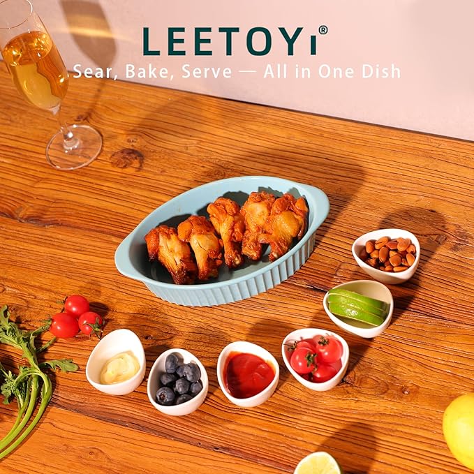 LEETOYI Porcelain Small Oval Au Gratin Pans,Set of 4 Baking Dish Set for 1 or 2 person servings, Bakeware with Double Handle for Kitchen and Home, Turquoise