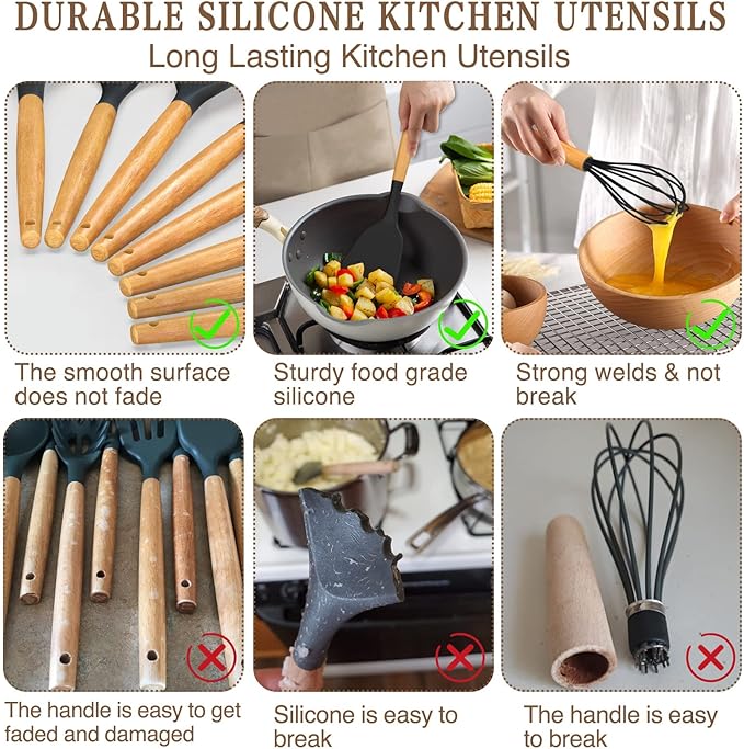 Umite Chef Kitchen Cooking Utensils Set, 33 pcs Non-Stick Silicone Cooking Kitchen Spatula Set with Holder, Wooden Handle Silicone Kitchen Gadgets Utensil Set (Black)