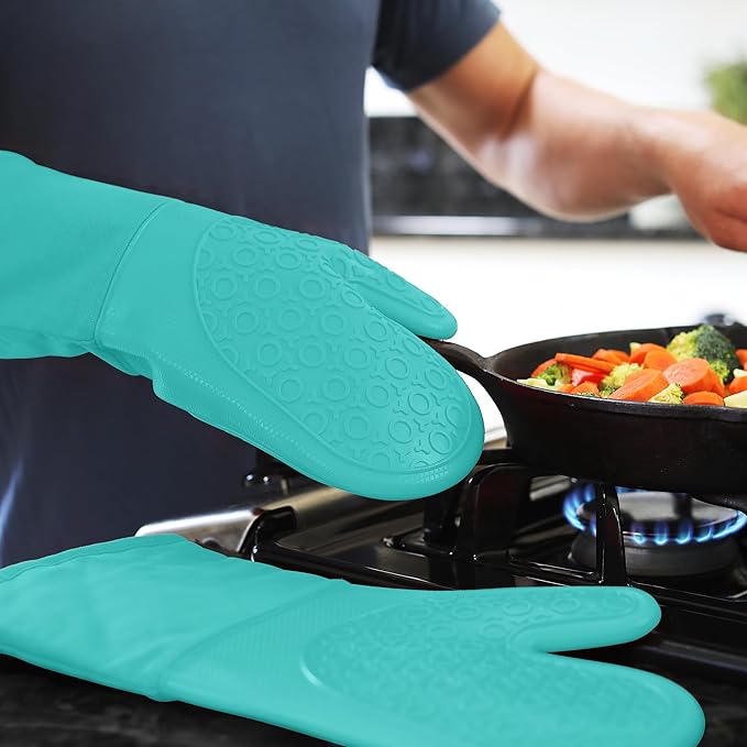 BPA-Free Soft Silicone Oven Mitts - Ultra Heat Resistant Oven Mitts with Thick Cotton Liner - Long Slip Resistant Pot Holders, Flexible Oven Gloves - Turquoise 13.7"