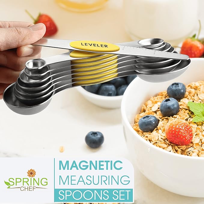 Spring Chef Yellow Stainless Steel Magnetic Measuring Spoons Set of 8 with Leveler, Dual Sided Metal Teaspoon & Tablespoon Measuring Spoons, Kitchen Gadgets for Baking & Cooking, Fits in Spice Jars