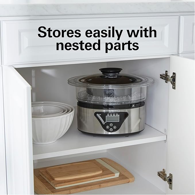 Hamilton Beach Digital Electric Food Steamer & Rice Cooker for Quick, Healthy Cooking for Vegetables and Seafood, Stackable Two-Tier Bowls, 5.5 Quart, Black & Stainless Steel