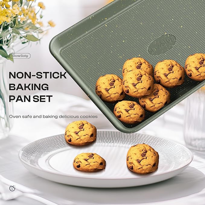 8-Piece Nonstick Bakeware Set, Stackable Oven Pan Set Includes Baking Sheet, Muffin Pan, Cake Pan, Square Pan, Loaf Pan, Cookie Sheet & Cooling Rack (Ceramic Coated Green)