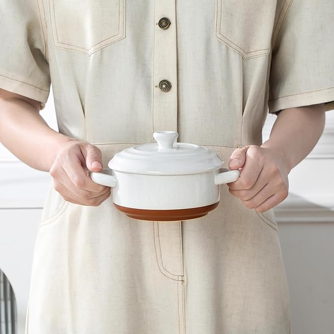 MALACASA Mini Cocotte Set - 12 OZ Small Casserole Dishes for Oven, Ramekins with Lids and Handles, Ceramic Mini Dutch Oven Set of 4, Microwave & Dishwasher Safe, Khaki White, Series TARA