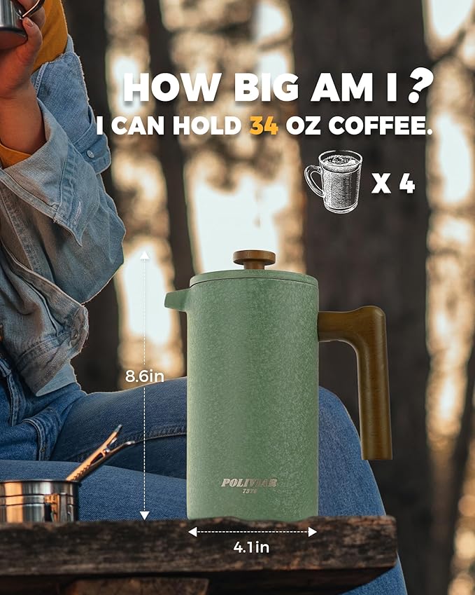 POLIVIAR French Press Coffee Maker, 34 oz Coffee Press with Real Wood Handle, Double Wall Insulation & Dual-Filter Screen, Food Grade Stainless Steel for Good Coffee and Tea JX2023-FPLN