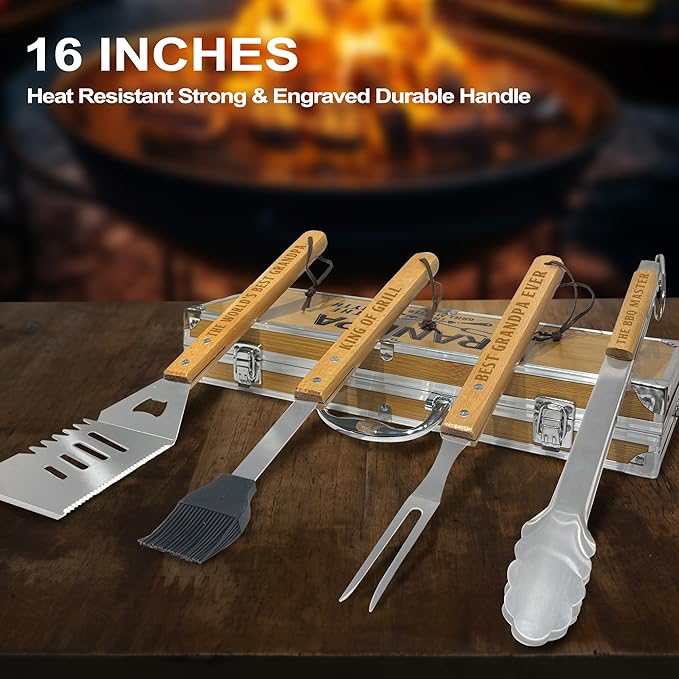 Grandpa Gifts from Grandkids Fathers Day, Grandpa Gift Heavy Duty Wooden BBQ Grilling Accessories Kit for Backyard, Thick Stainless Steel Grill Utensils with Non-Slip Handle Tools in Portable Bag
