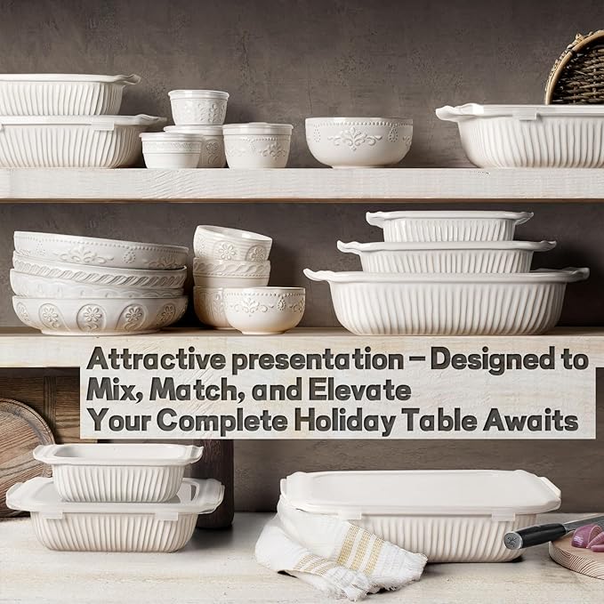 Artena Casserole Dishes For Oven, Ceramic Baking Dish, Large Lasagna Pan With Handles, Baking Pan Casserole Dish, Rectangular Bakeware Deep, White, Set Of 3 (5.1Qt/2.3Qt/1.1Qt) (Baking Dish With Lids)