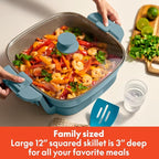 bella Make & Take Electric Skillet, Fits-anywhere™ kitchenware, EverGood™ Ceramic Coating, Adjustable Temperature & Dishwasher-Safe Tempered Glass Lid, Cast Aluminum Base, 1200 Watt, Surf