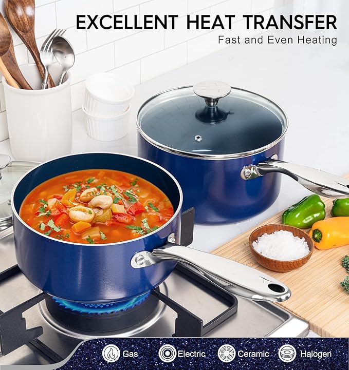 MICHELANGELO 1 Quart Saucepan with Lid, Nonstick Ceramic Sauce Pan with Stainless Steel Handle, 1 Qt Saucepan with Lid Oven Safe, Blue