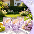 12 Pack Plastic Stemless Wine Glasses,12oz Unbreakable Vintage Elegant Drinking Glass Set,Reusable Fancy Cocktail Cups for Party, Wedding, and Bulk Events (12, 12oz-Purple)