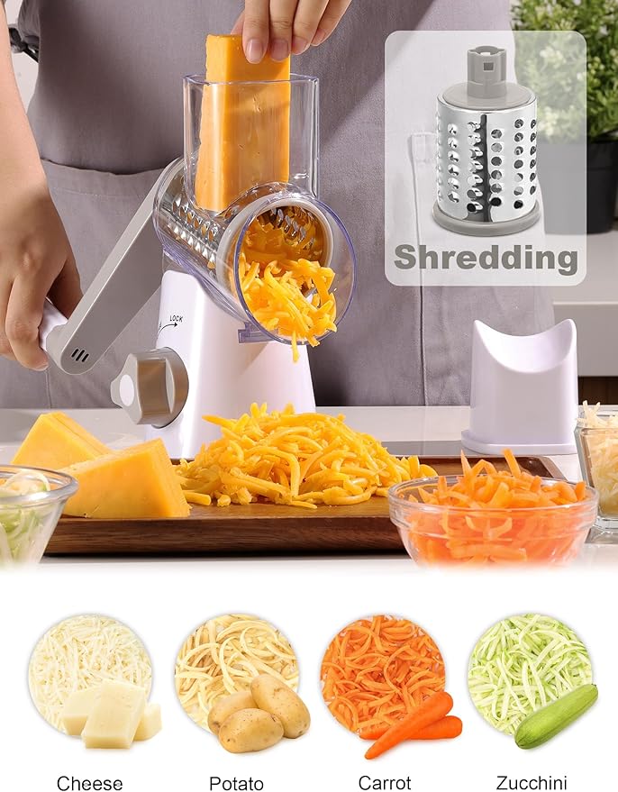 Cheese Grater Rotary, Rotary Grater for Kitchen, Kitchen Grater Vegetable Slicer with 3 Drum Blades, Fast Cutting Cheese Shredder for Vegetables and Nuts