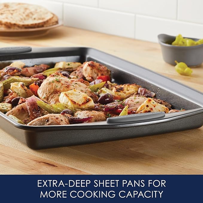 Rachael Ray Nonstick Bakeware Set with Grips, Nonstick Cookie Sheets / Baking Sheets - 3 Piece, Gray with Sea Salt Gray Grips