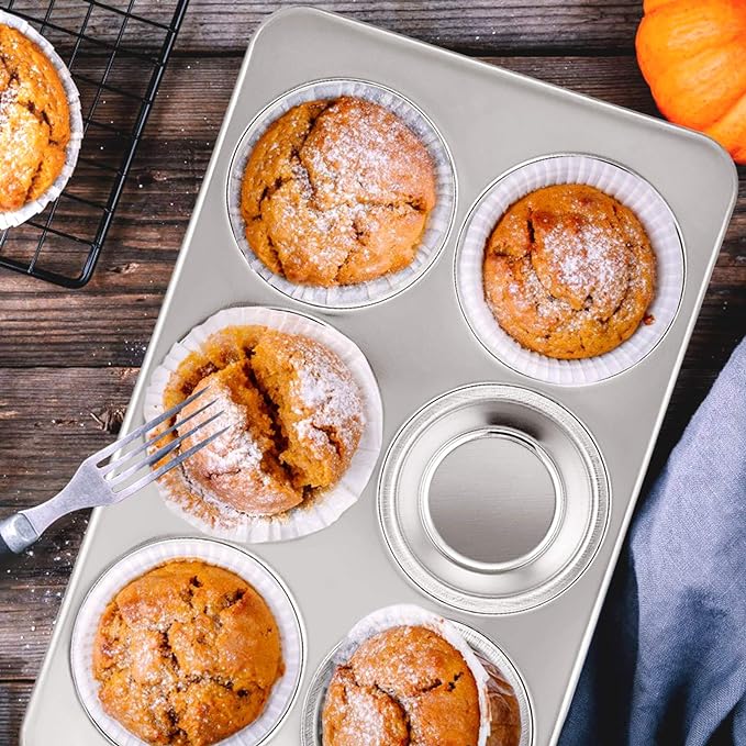 E-far Muffin Pan Set of 4, Stainless Steel Muffin Pan Tin for Baking, 6-Cup Metal Cupcake Pan Tray, Non-toxic & Healthy, Oven & Dishwasher Safe, Regular Size - 11.44 x 7.12 x 1.25 Inch