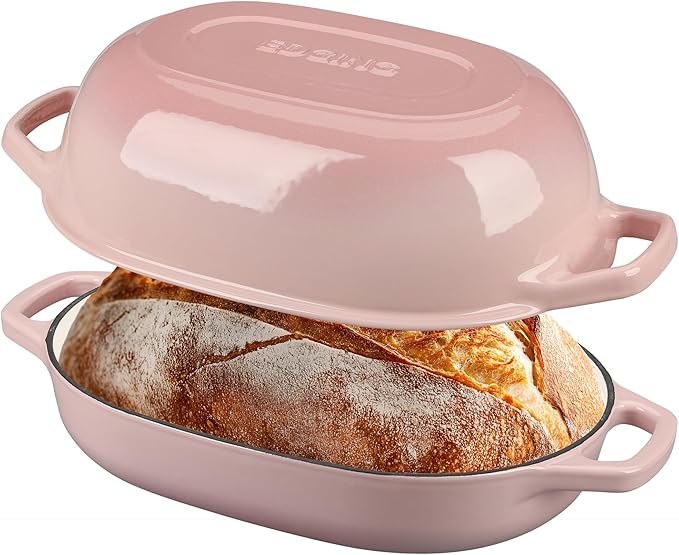 Enameled Cast Iron Oval Dutch Oven Pot with Lid, Dutch Oven for Sourdough Bread Baking, Oval Bread Pan, 7qt, Pink