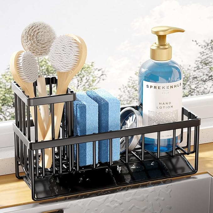 Kitsure Sponge Holder for Kitchen Sink - Rustproof Stainless Steel Sink Caddy Organization and Storage Essentials with High Brush Holder, Home Decor Accessories, 9.4" x 3.7" x 6.2", Black