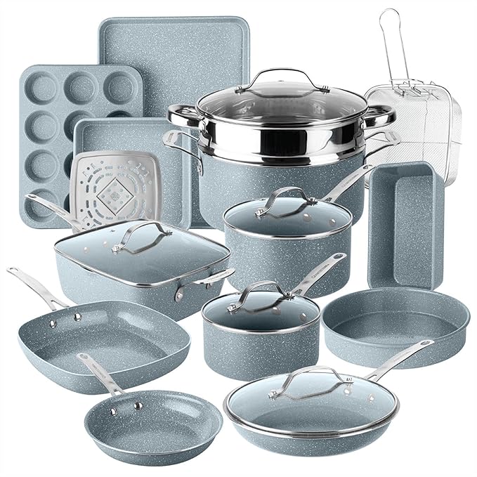 Granitestone Ceraluxe 20 Pc Ceramic Cookware Set Nonstick, Complete Pots and Pans Set Non Stick with 5 Pc Bakeware Set, Deep Frying Pan Set, & Steamer, Non Toxic PFOA Free, Oven & Dishwasher Safe